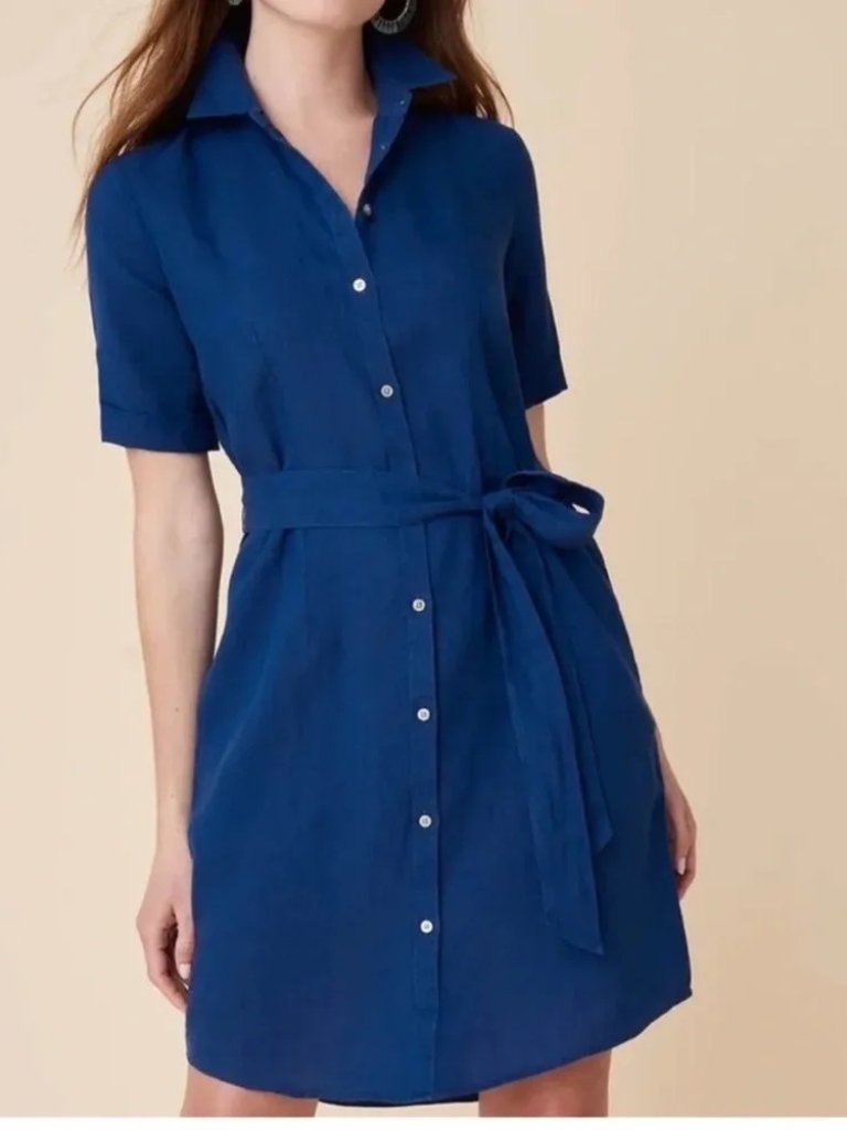 Untuckit Sz 14 Women's Nancy 100% Linen Button Down Shirt Dress Blue Navy